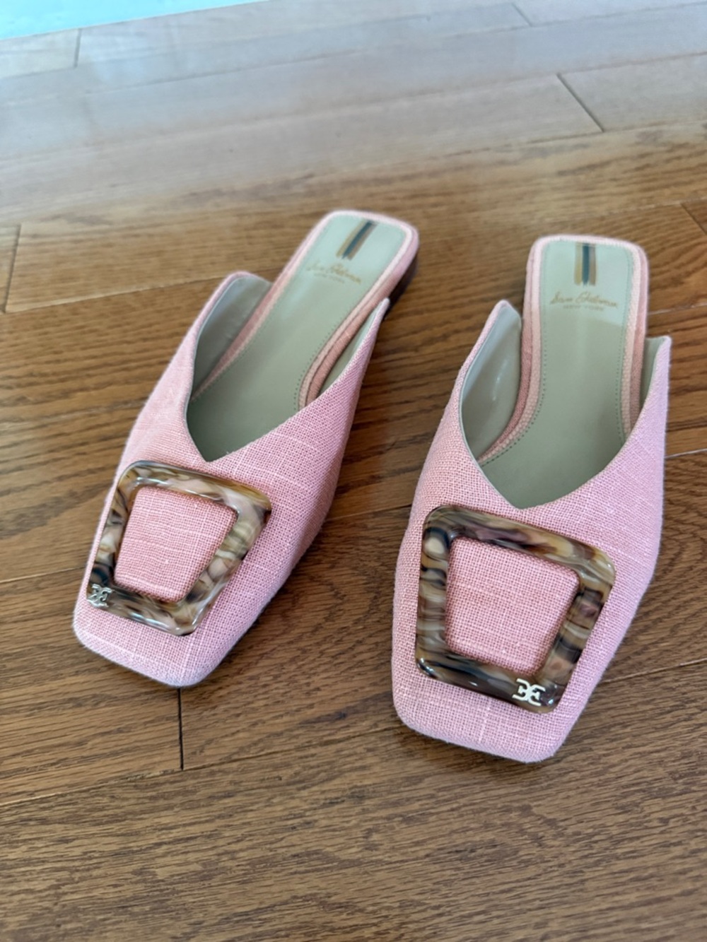 Sam Edelman Pink Square-Toe Slip-On Mules with Marbled Buckle